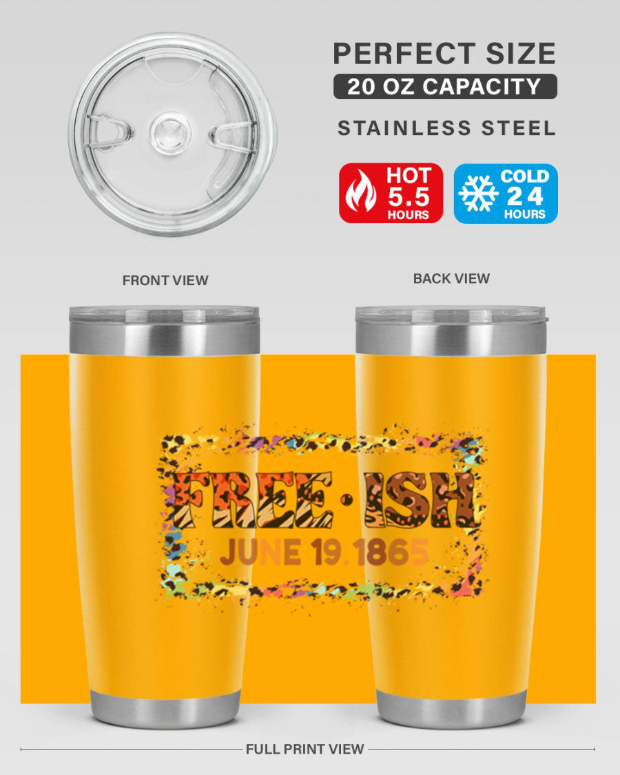 FreeIsh June 1865 Juneteenth tumbler in stainless steel, showcasing its sleek design and vibrant print.
