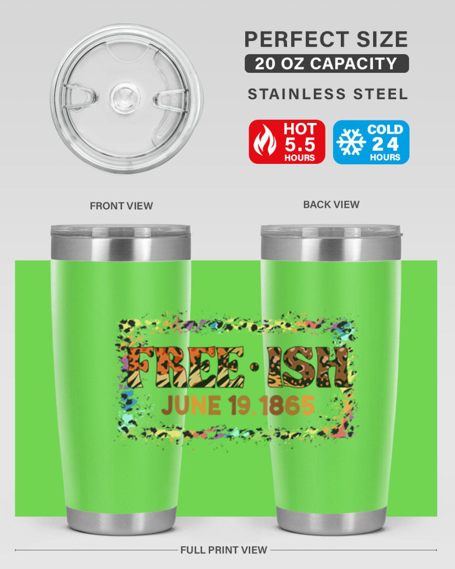 FreeIsh June 1865 Juneteenth tumbler in stainless steel, showcasing its sleek design and vibrant print.