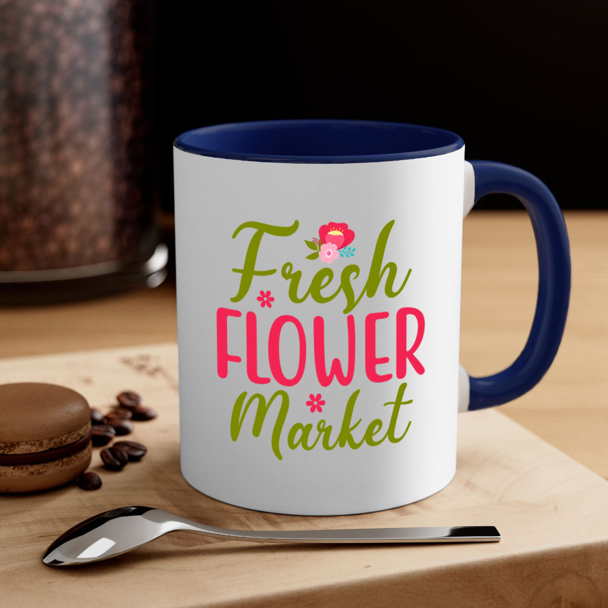 Fresh Flower Market 144# Mug with colored handle and glossy finish, available in multiple colors and sizes.