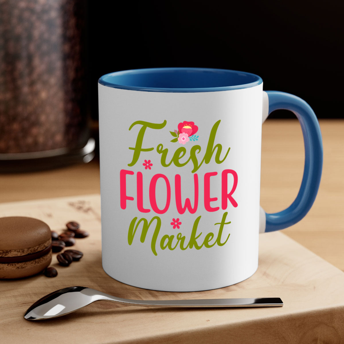 Fresh Flower Market 144# Mug with colored handle and glossy finish, available in multiple colors and sizes.