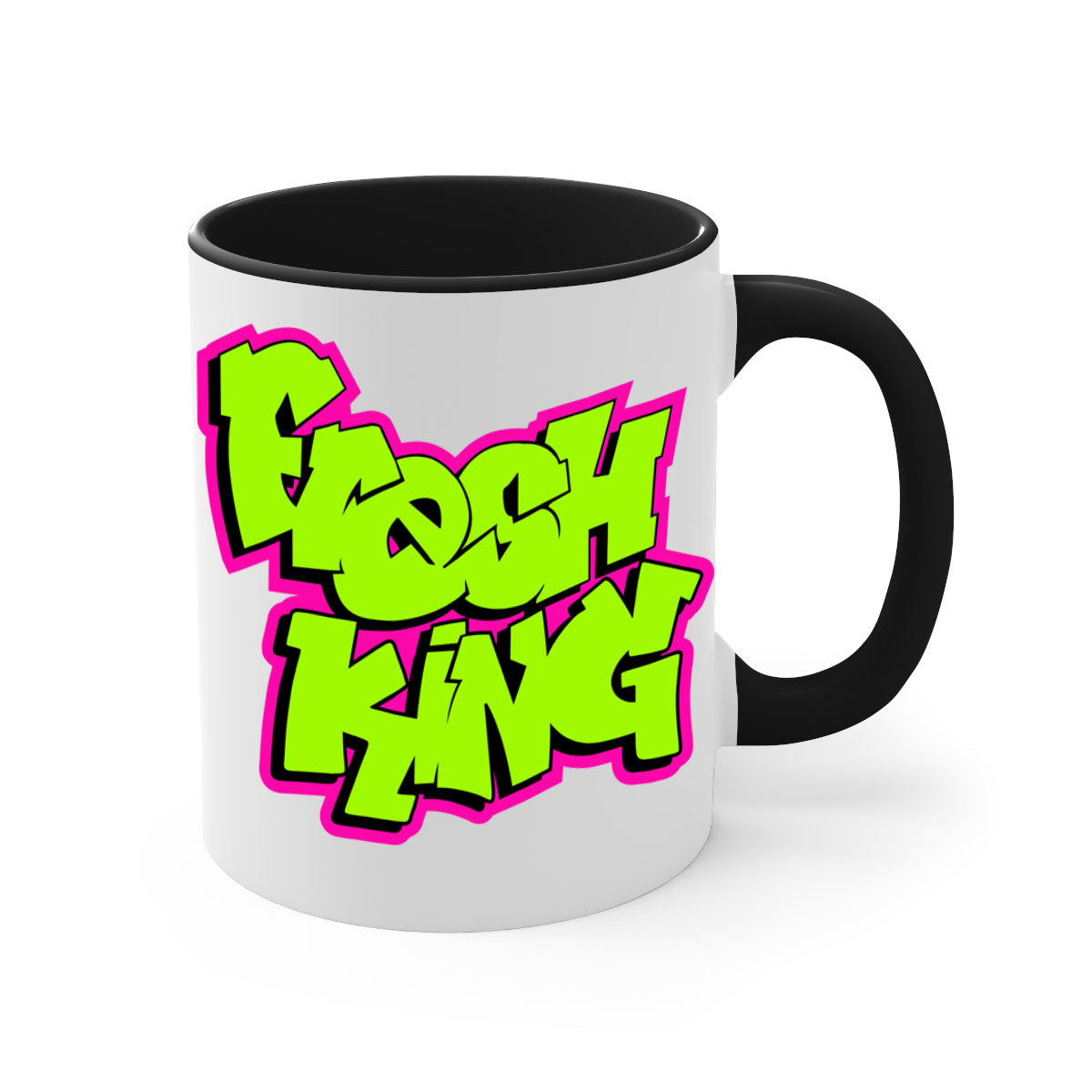 Fresh King 147# Mug with black words and phrases, featuring a glossy finish and colored handle, available in multiple colors.