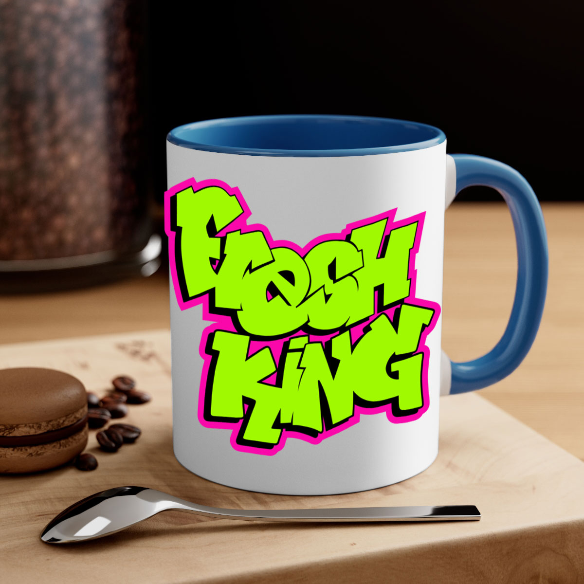 Fresh King 147# Mug with black words and phrases, featuring a glossy finish and colored handle, available in multiple colors.