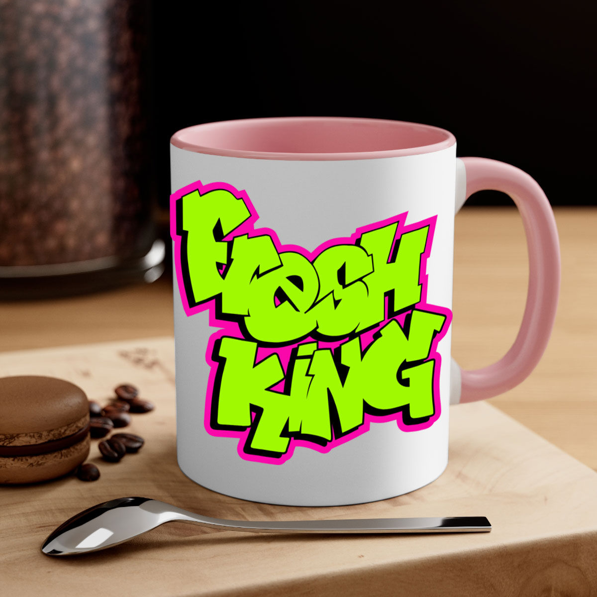 Fresh King 147# Mug with black words and phrases, featuring a glossy finish and colored handle, available in multiple colors.