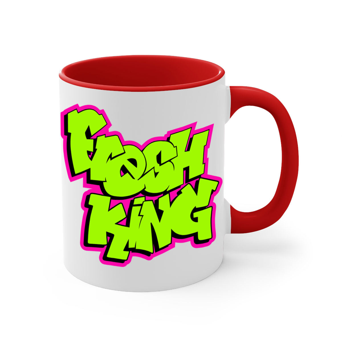 Fresh King 147# Mug with black words and phrases, featuring a glossy finish and colored handle, available in multiple colors.