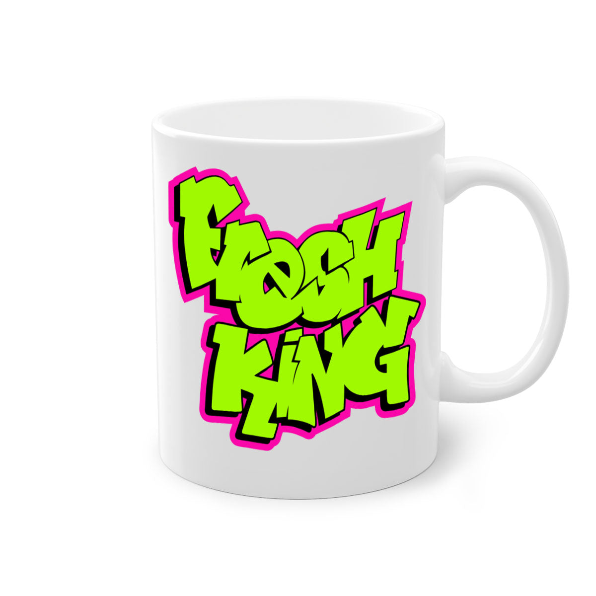 Fresh King 147# Mug with black words and phrases, featuring a glossy finish and colored handle, available in multiple colors.