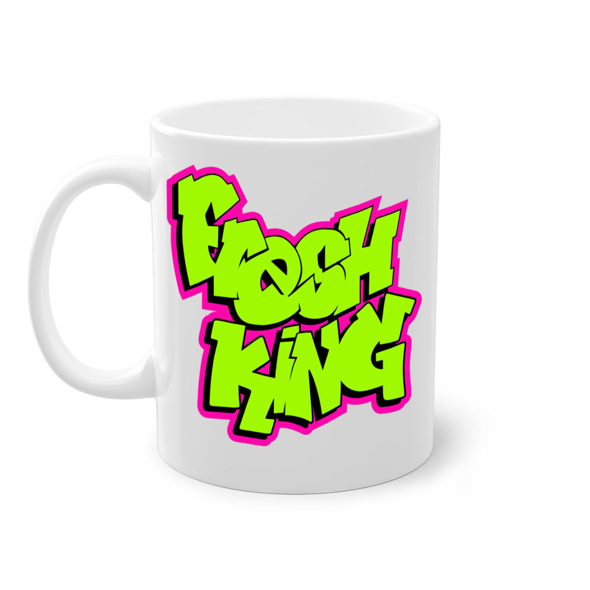 Fresh King 147# Mug with black words and phrases, featuring a glossy finish and colored handle, available in multiple colors.