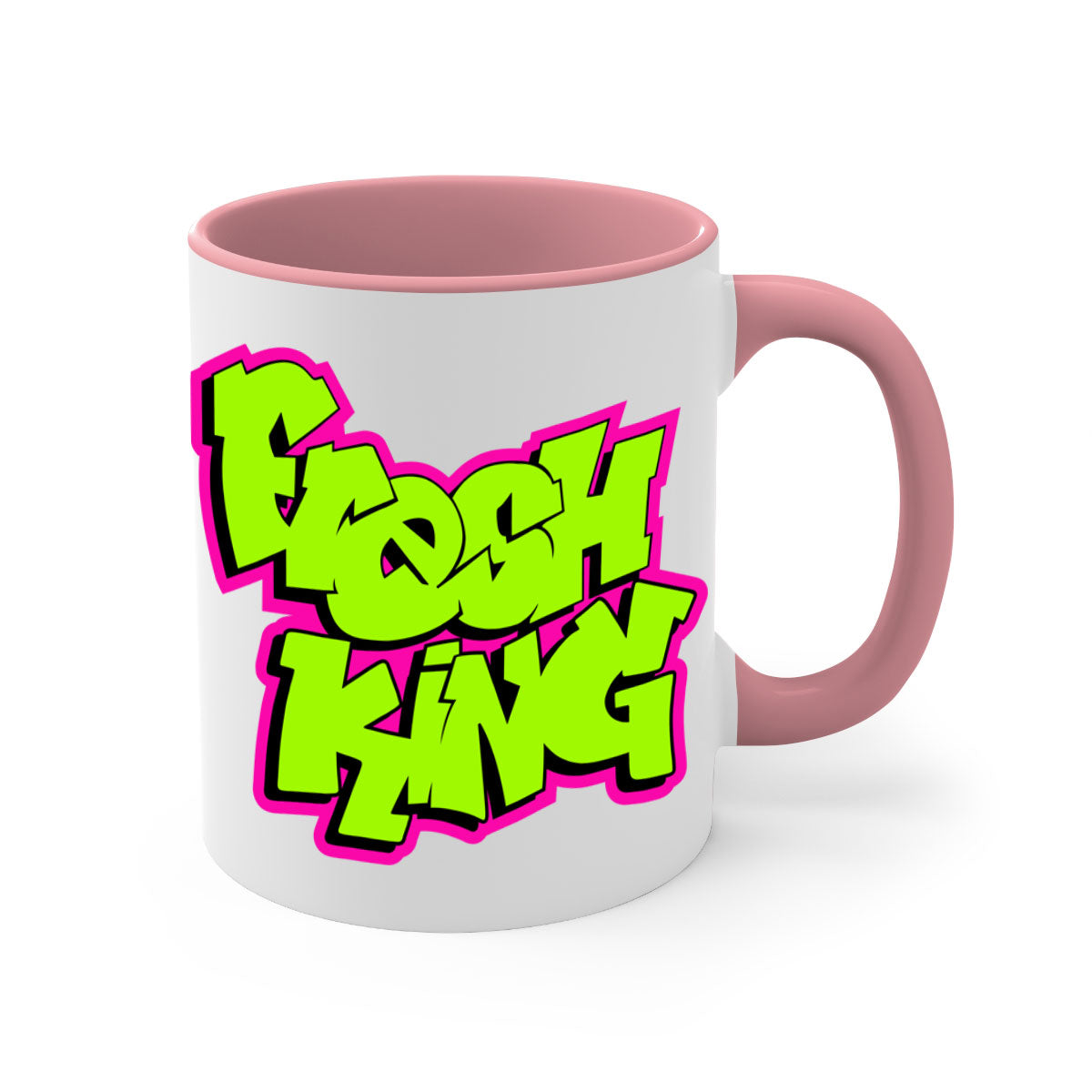 Fresh King 147# Mug with black words and phrases, featuring a glossy finish and colored handle, available in multiple colors.