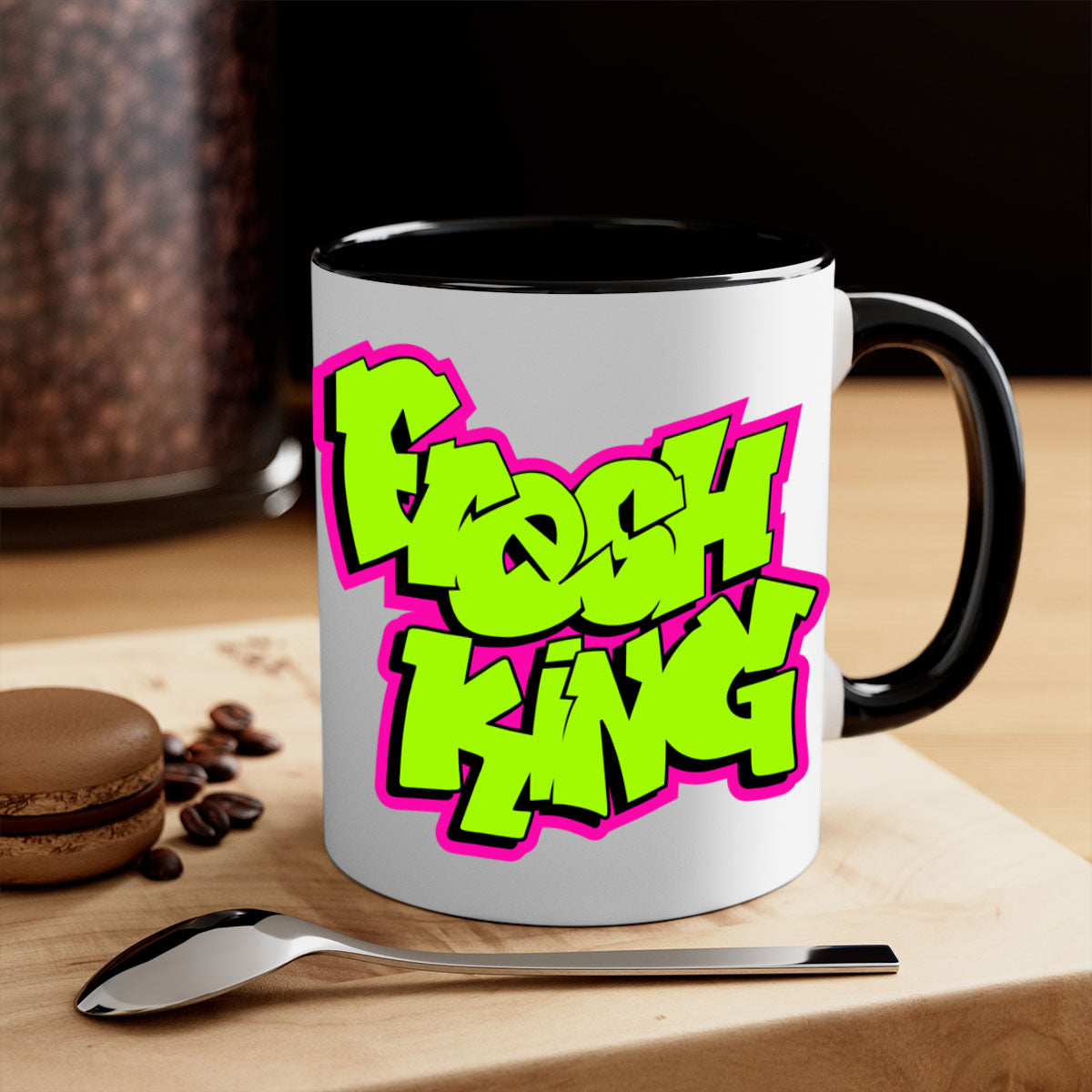 Fresh King 147# Mug with black words and phrases, featuring a glossy finish and colored handle, available in multiple colors.