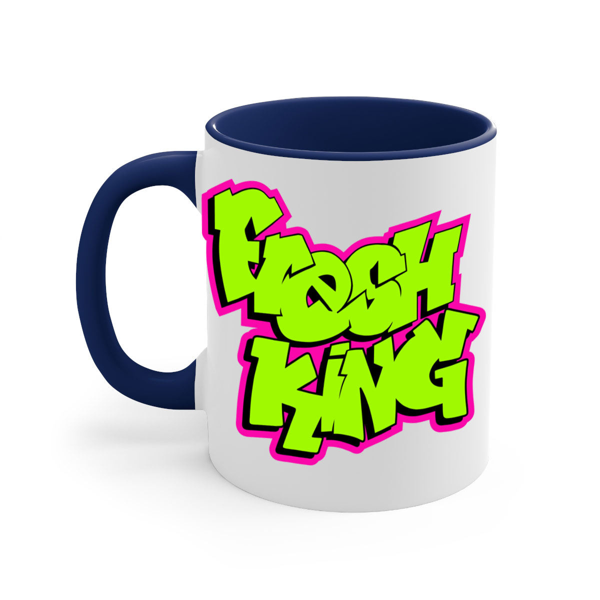 Fresh King 147# Mug with black words and phrases, featuring a glossy finish and colored handle, available in multiple colors.