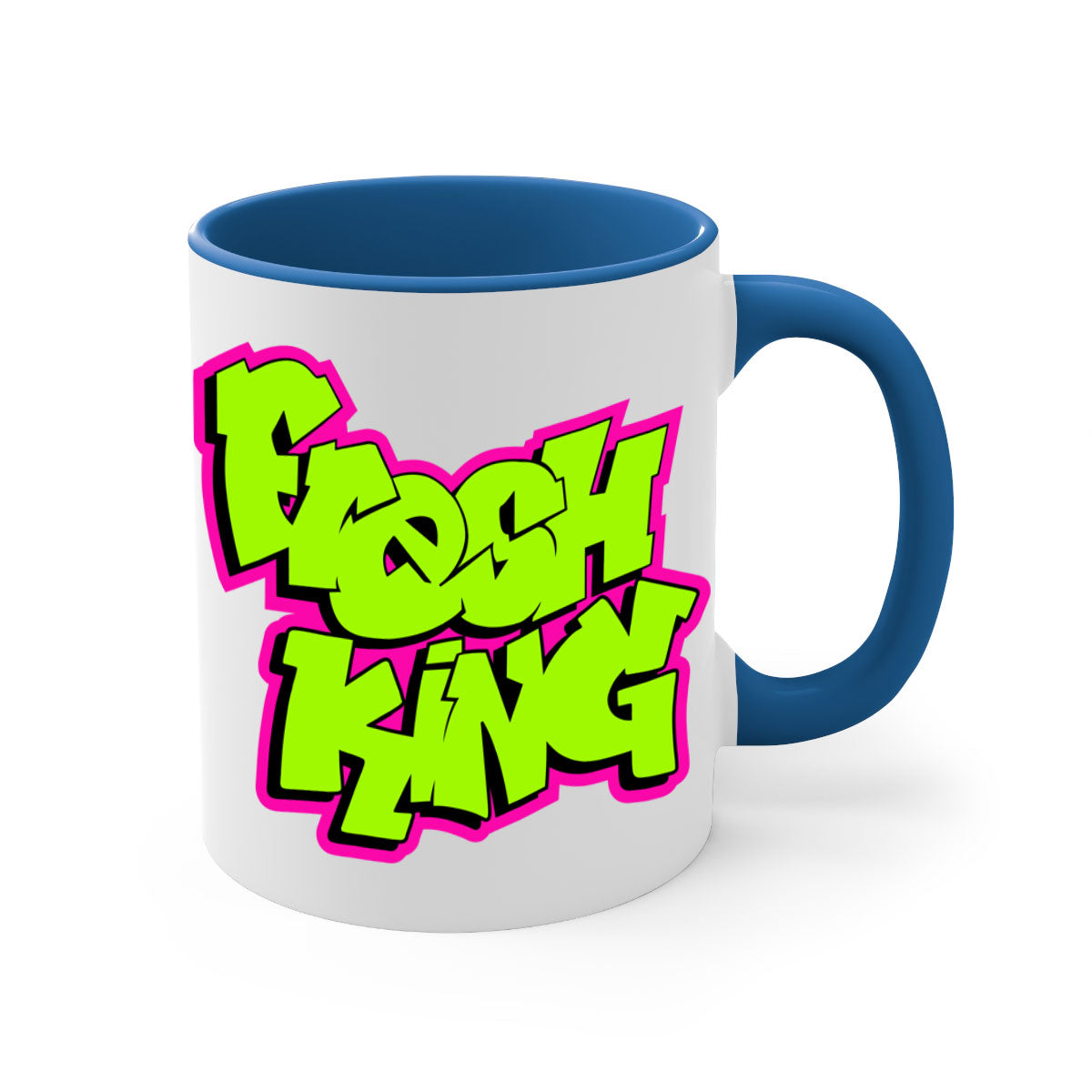 Fresh King 147# Mug with black words and phrases, featuring a glossy finish and colored handle, available in multiple colors.