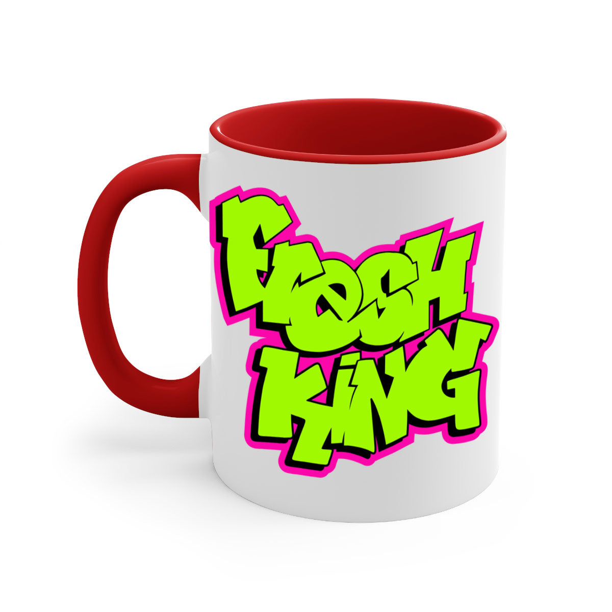 Fresh King 147# Mug with black words and phrases, featuring a glossy finish and colored handle, available in multiple colors.