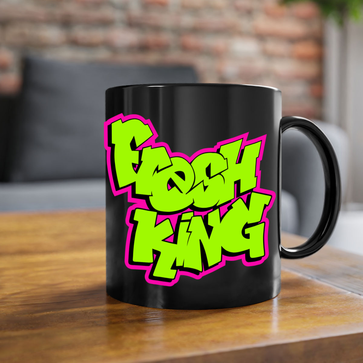 Fresh King 147# Mug with black words and phrases, featuring a glossy finish and colored handle, available in multiple colors.