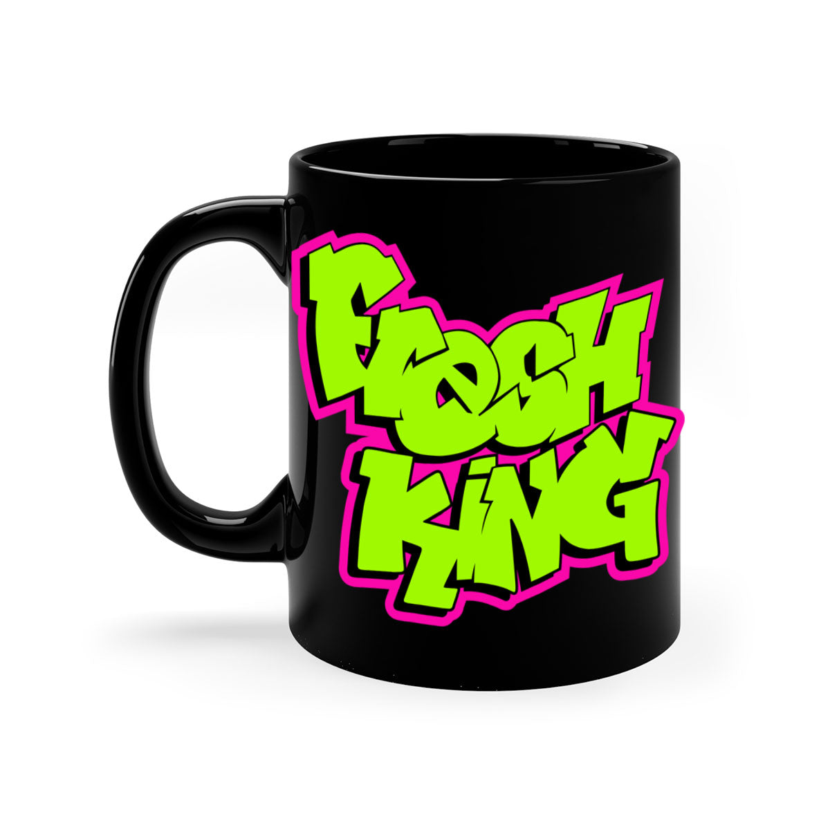 Fresh King 147# Mug with black words and phrases, featuring a glossy finish and colored handle, available in multiple colors.