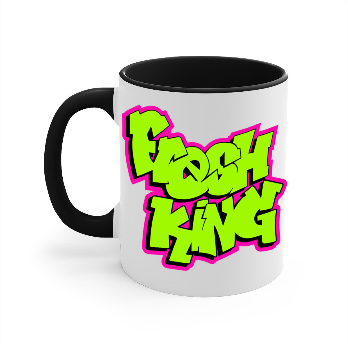 Fresh King 147# Mug with black words and phrases, featuring a glossy finish and colored handle, available in multiple colors.