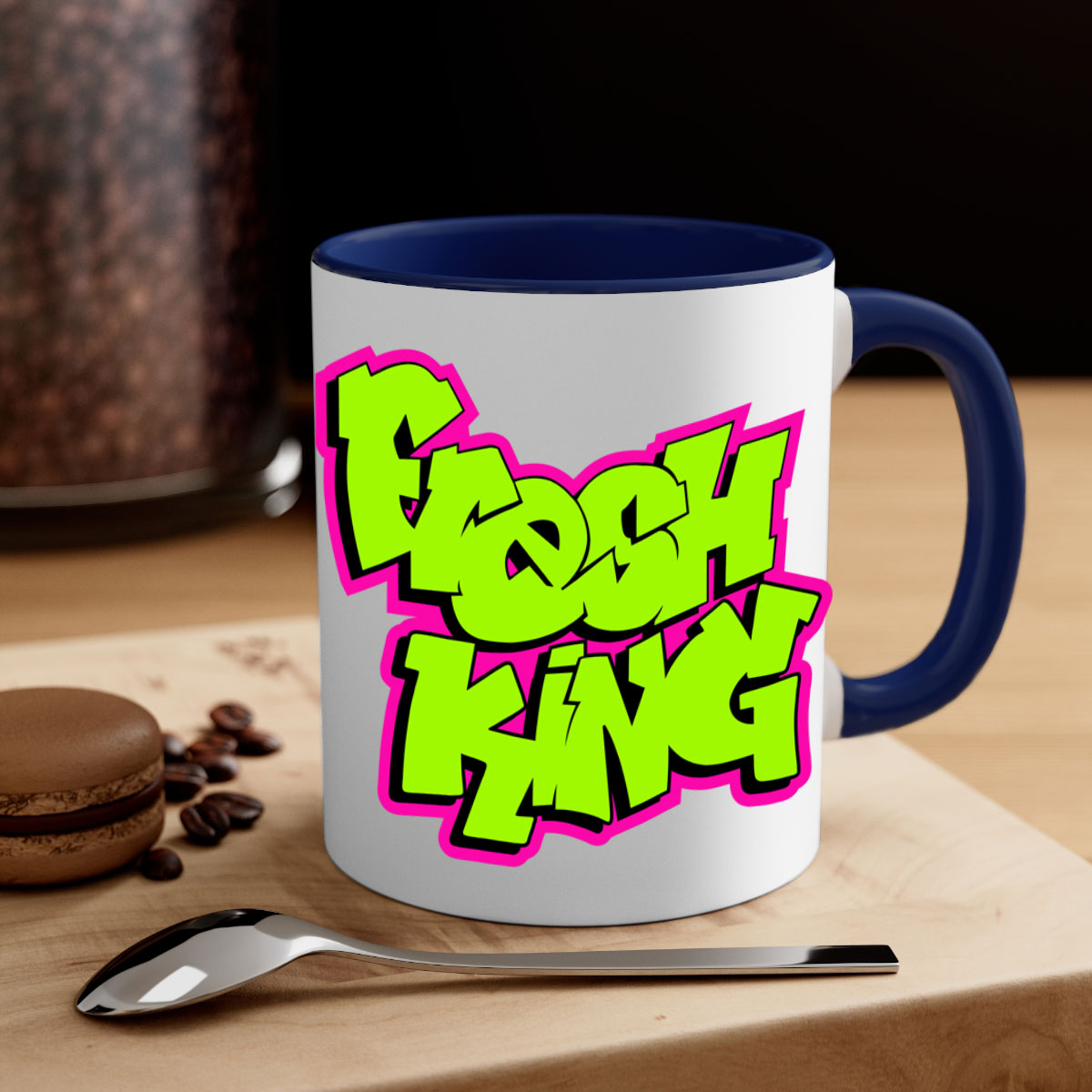 Fresh King 147# Mug with black words and phrases, featuring a glossy finish and colored handle, available in multiple colors.