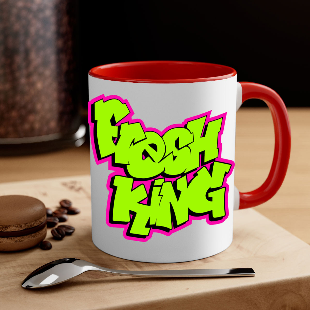 Fresh King 147# Mug with black words and phrases, featuring a glossy finish and colored handle, available in multiple colors.