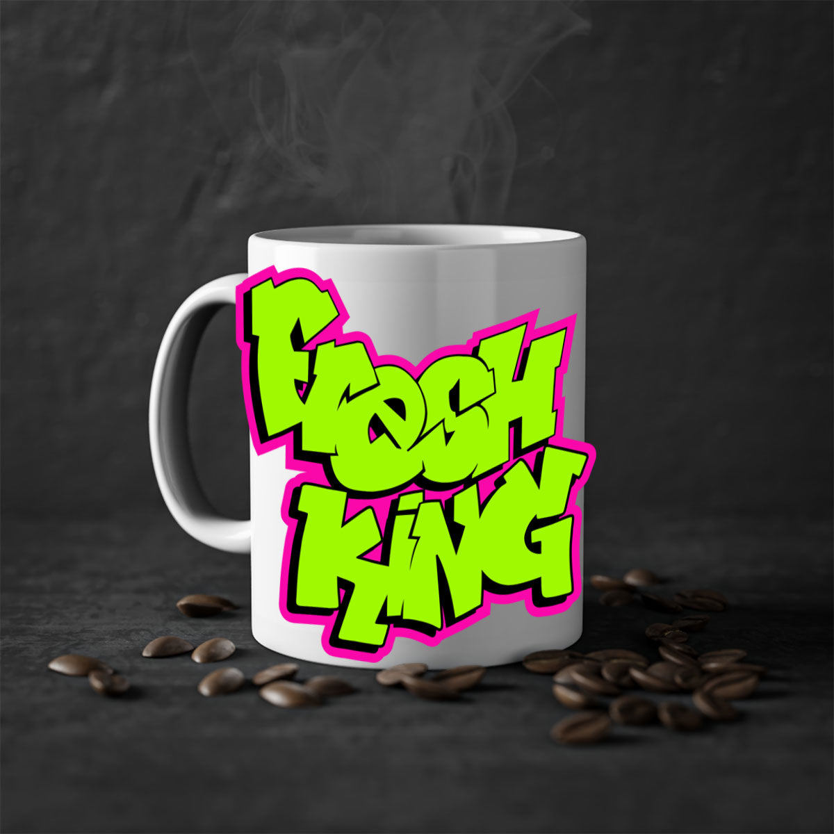 Fresh King 147# Mug with black words and phrases, featuring a glossy finish and colored handle, available in multiple colors.