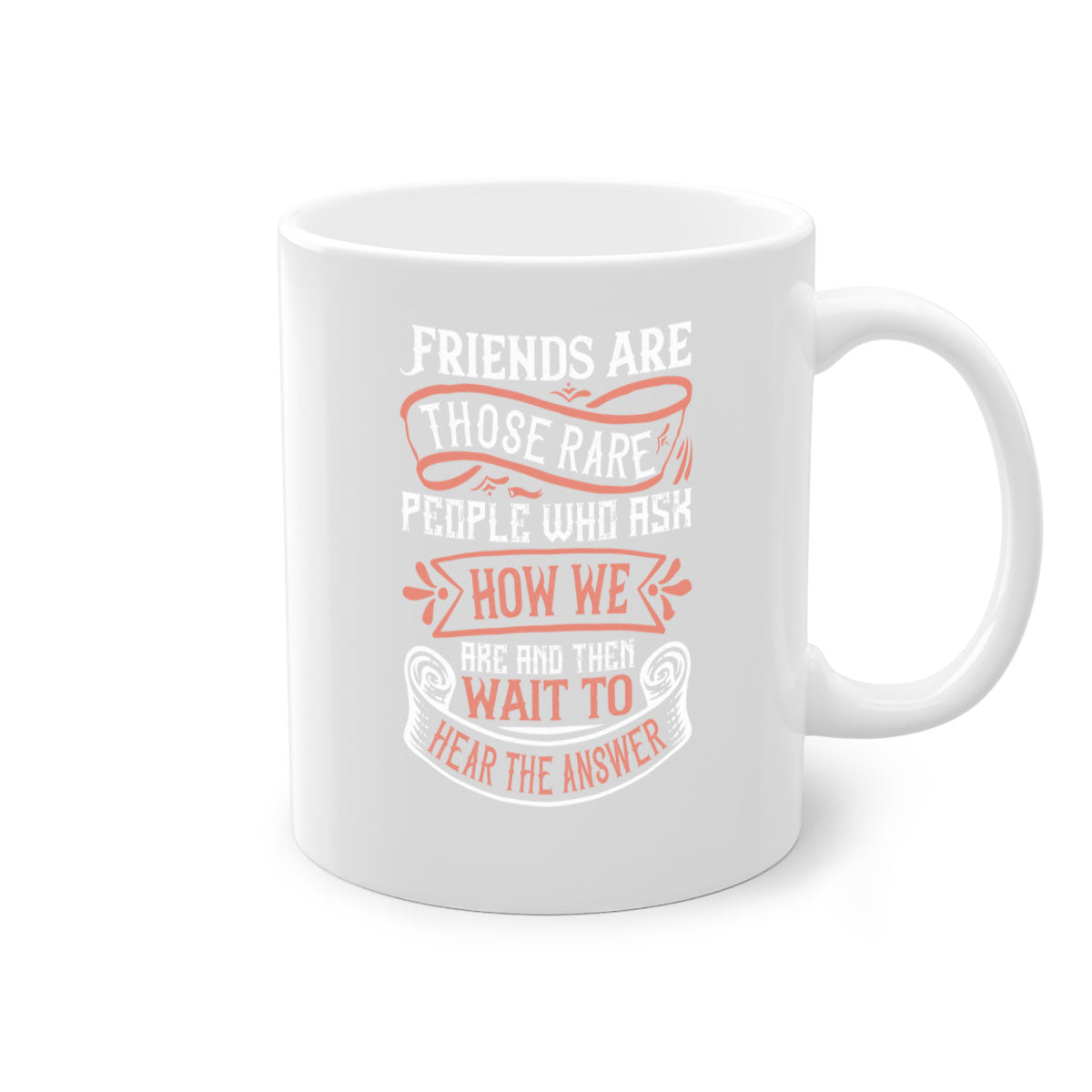 Two-tone ceramic mug with a colored handle and interior, featuring a quote about friendship.