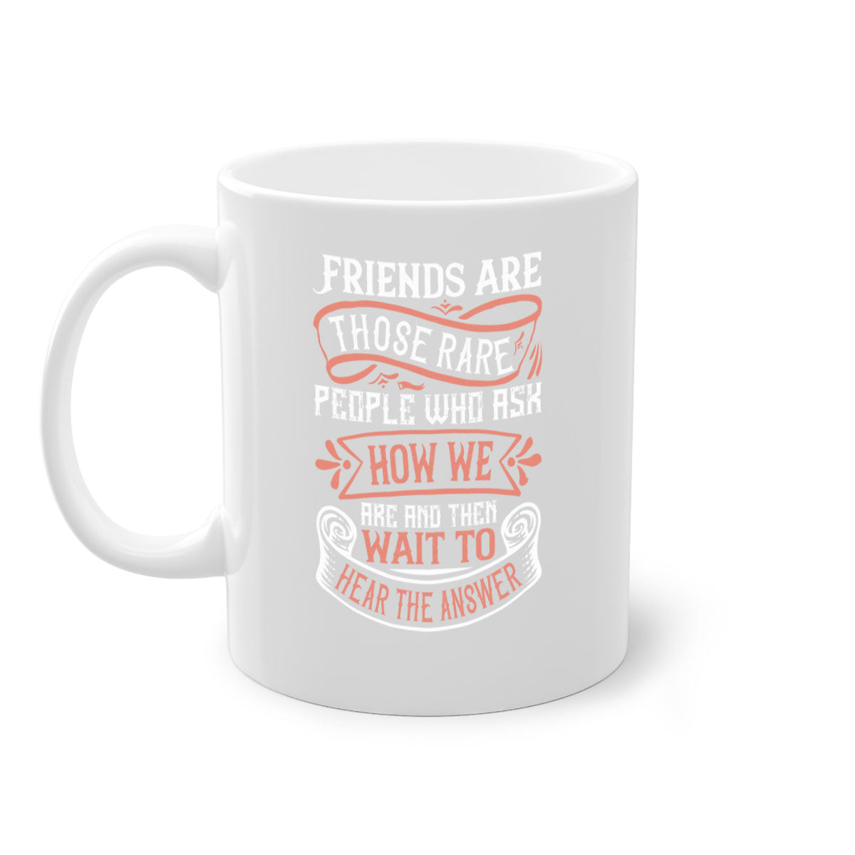 Two-tone ceramic mug with a colored handle and interior, featuring a quote about friendship.