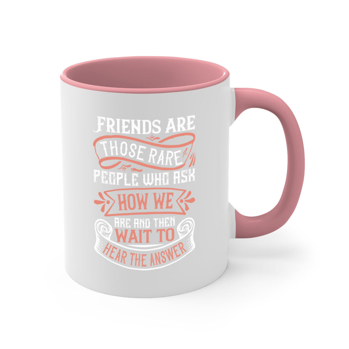 Two-tone ceramic mug with a colored handle and interior, featuring a quote about friendship.