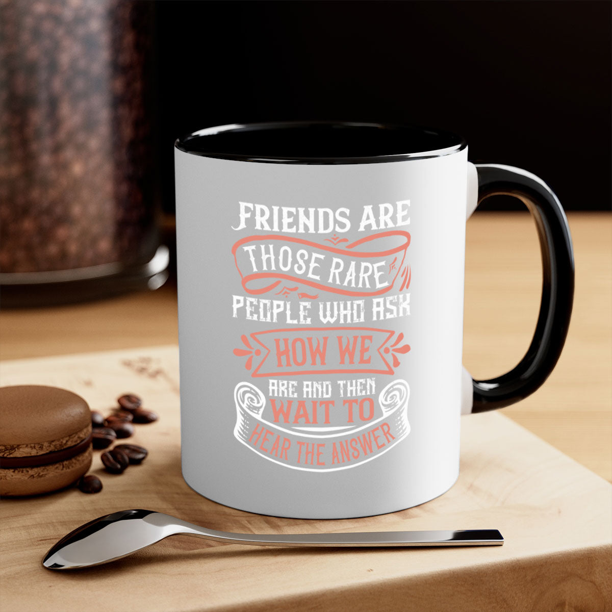 Two-tone ceramic mug with a colored handle and interior, featuring a quote about friendship.