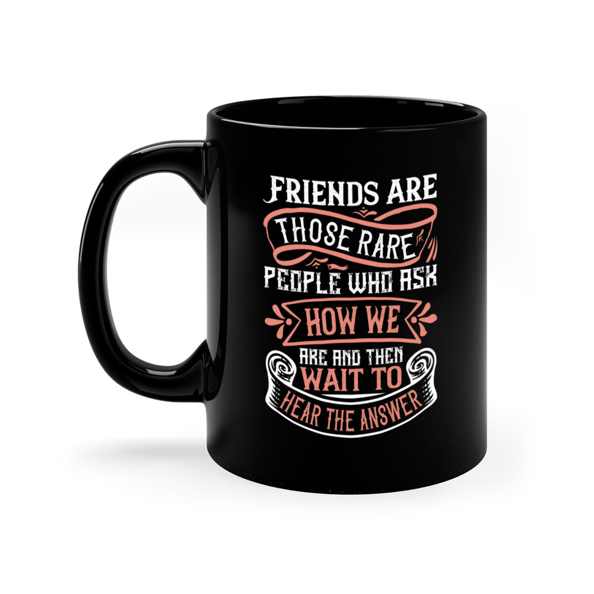 Two-tone ceramic mug with a colored handle and interior, featuring a quote about friendship.