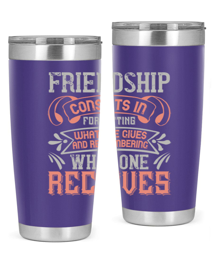A stylish 20oz and 30oz stainless steel tumbler featuring a friendship quote, designed for hot and cold beverages.