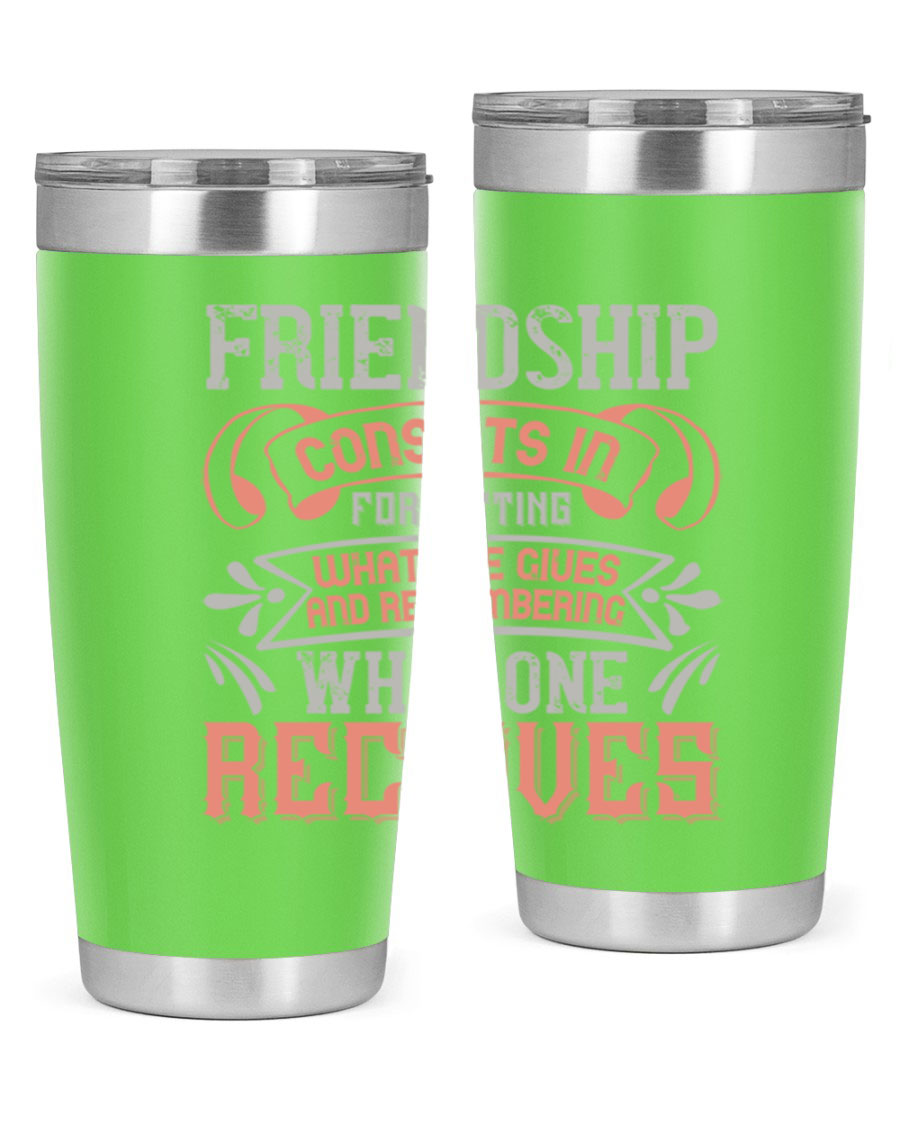 A stylish 20oz and 30oz stainless steel tumbler featuring a friendship quote, designed for hot and cold beverages.