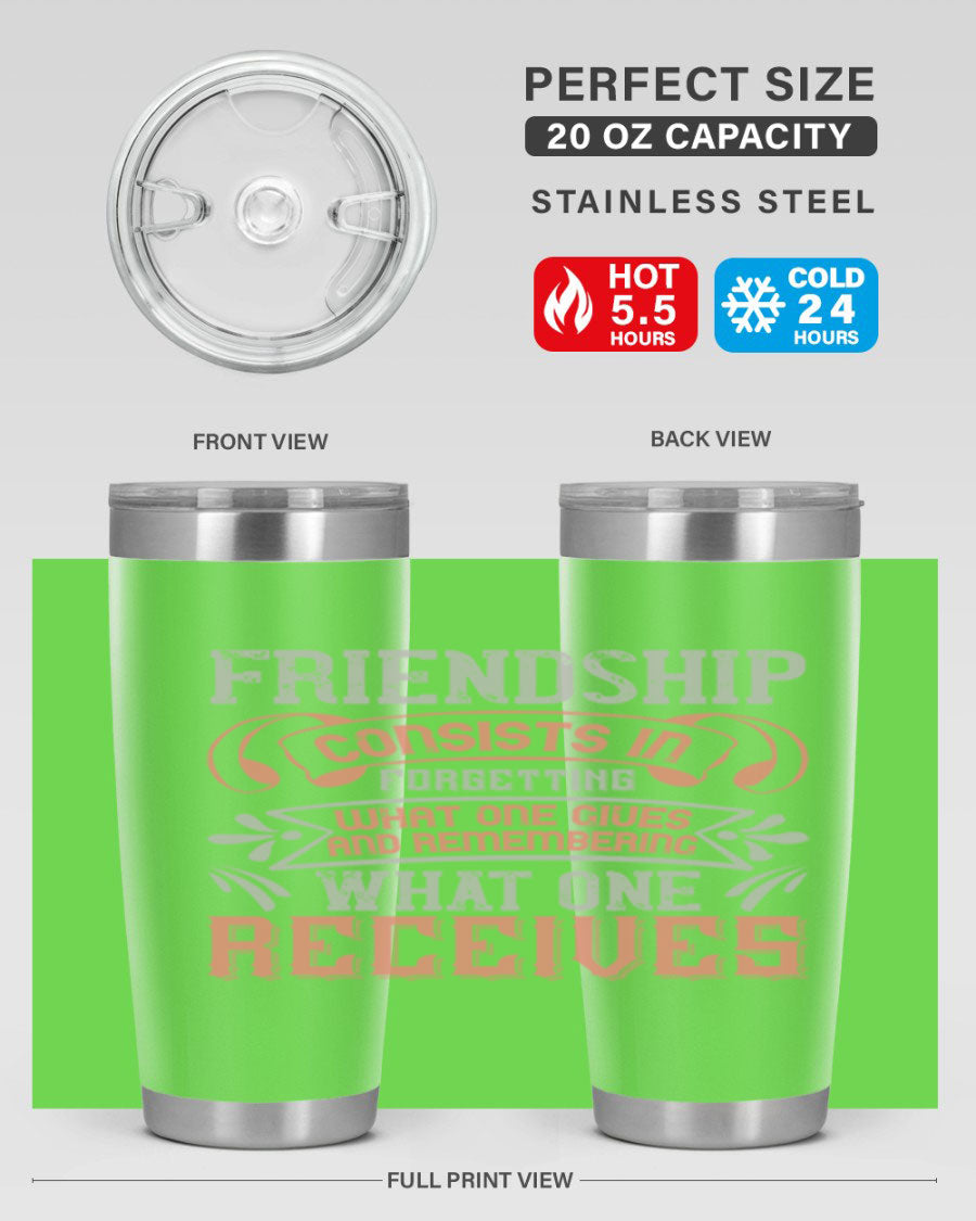 A stylish 20oz and 30oz stainless steel tumbler featuring a friendship quote, designed for hot and cold beverages.