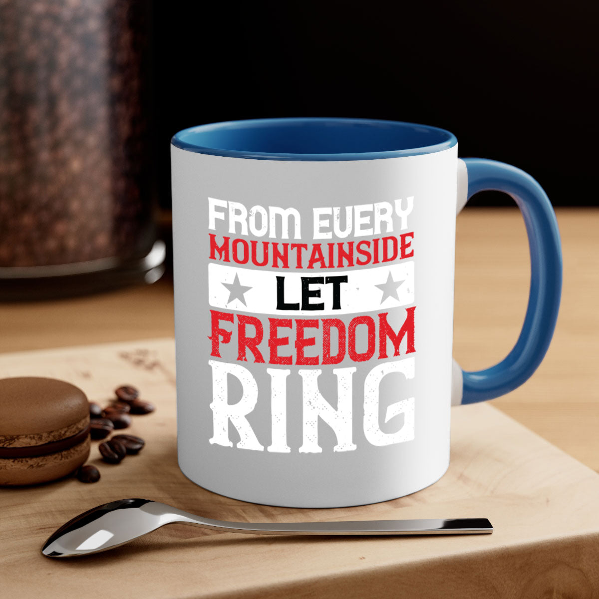 From Every Mountainside Let Freedom Ring Mug with a glossy finish, featuring a colored handle and interior, available in multiple colors.