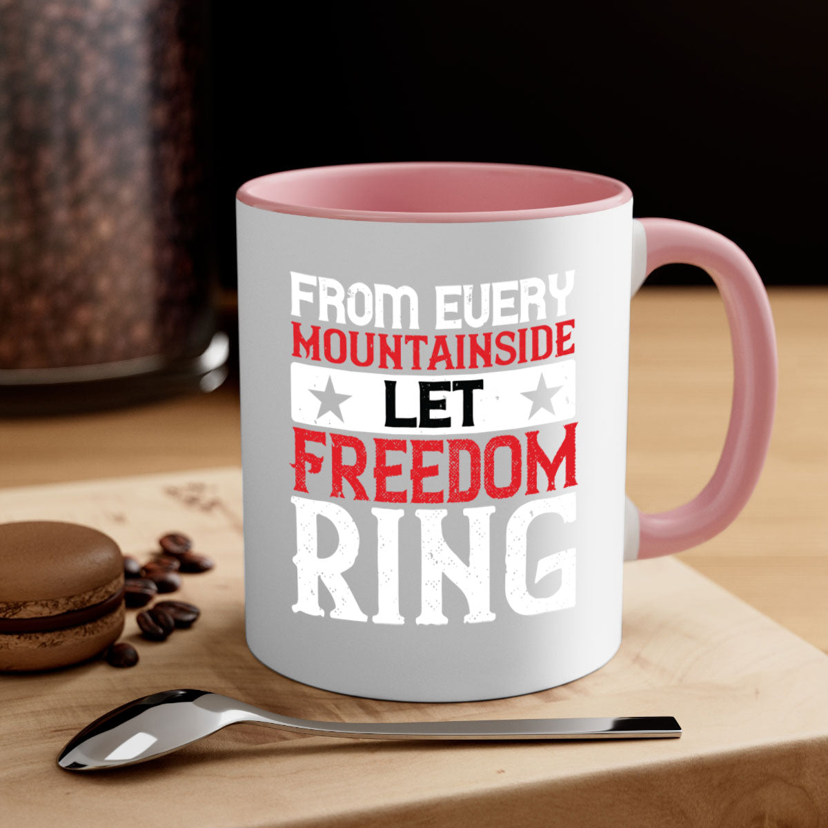 From Every Mountainside Let Freedom Ring Mug with a glossy finish, featuring a colored handle and interior, available in multiple colors.