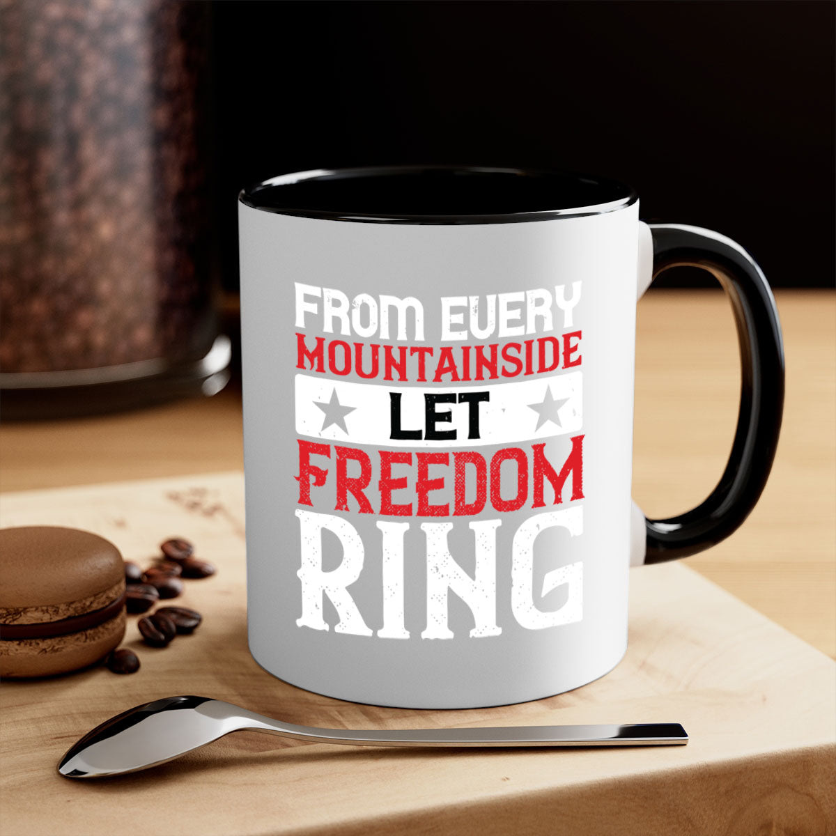 From Every Mountainside Let Freedom Ring Mug with a glossy finish, featuring a colored handle and interior, available in multiple colors.