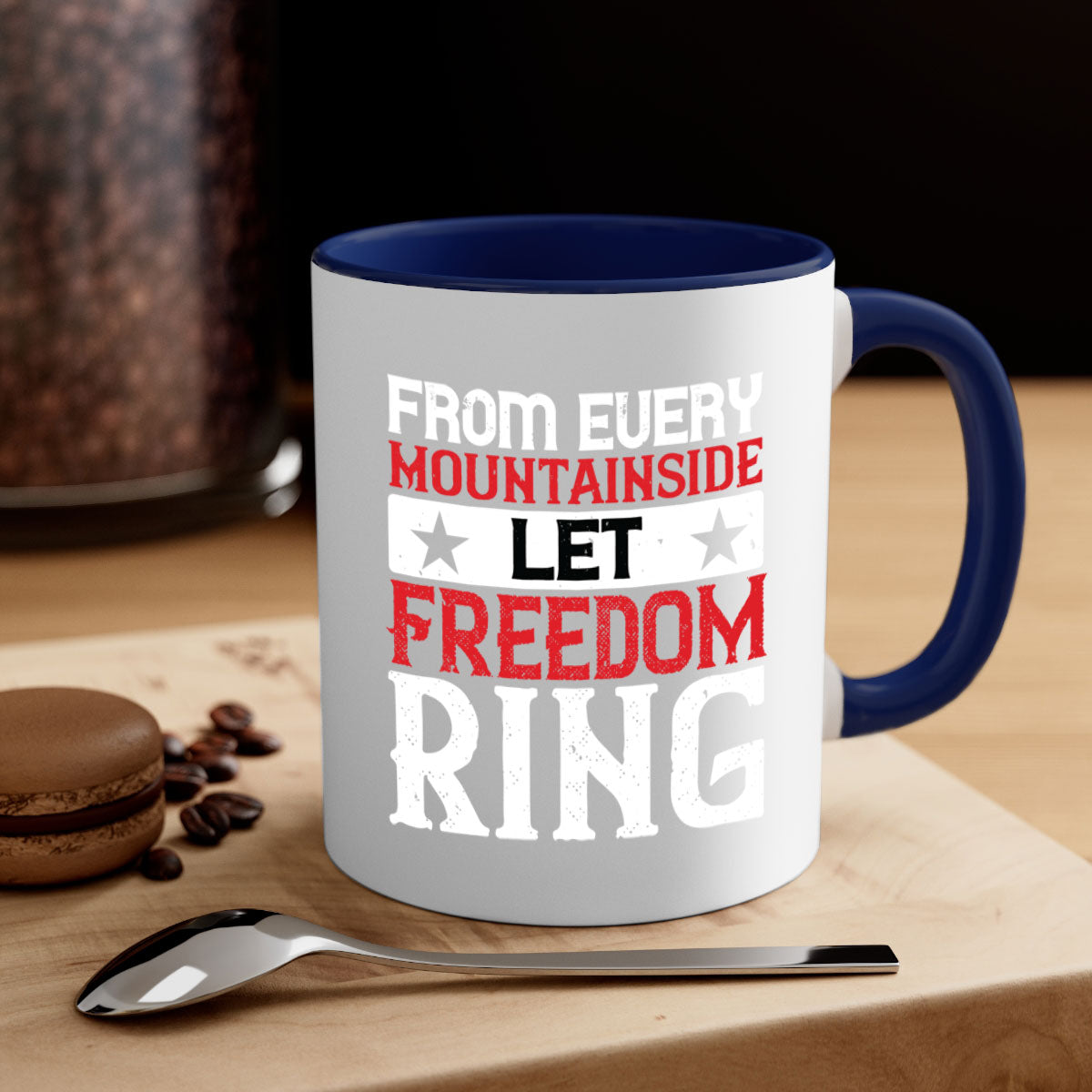 From Every Mountainside Let Freedom Ring Mug with a glossy finish, featuring a colored handle and interior, available in multiple colors.