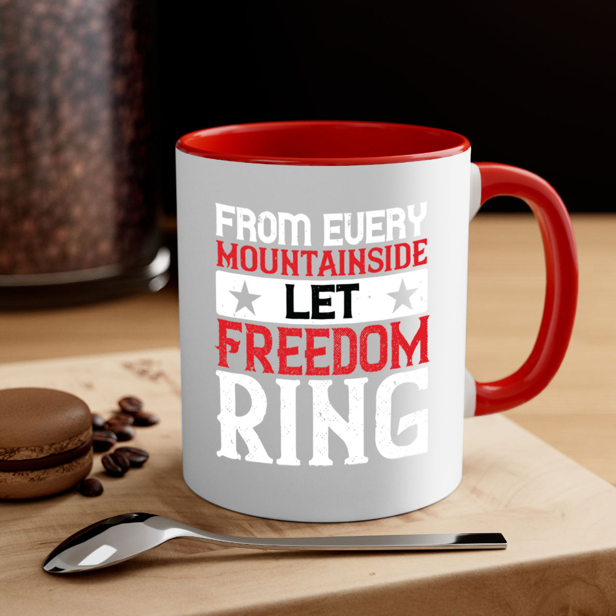 From Every Mountainside Let Freedom Ring Mug with a glossy finish, featuring a colored handle and interior, available in multiple colors.