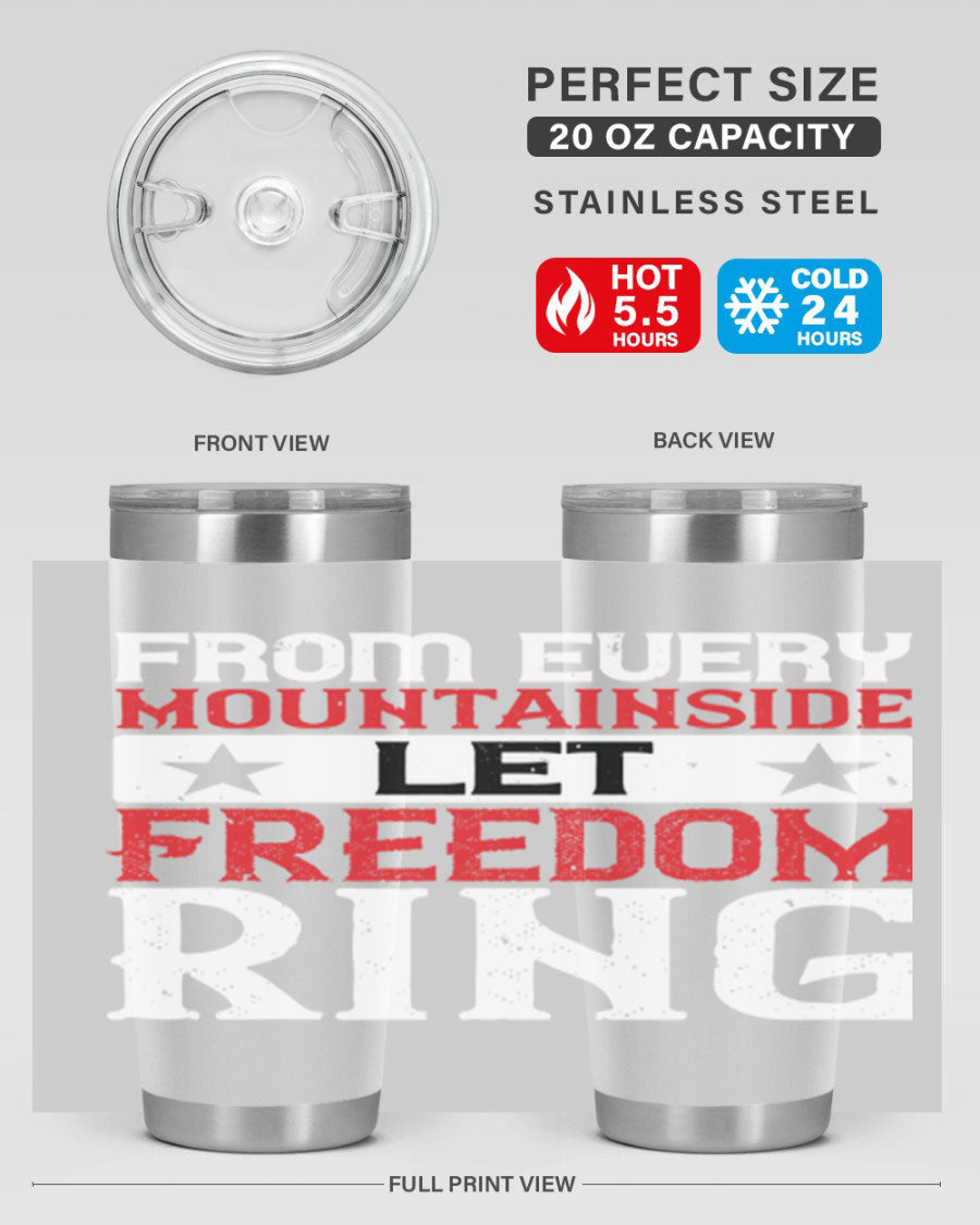 From Every Mountainside Let Freedom Ring tumbler, featuring a patriotic design, double wall vacuum insulation, and a press-in lid.