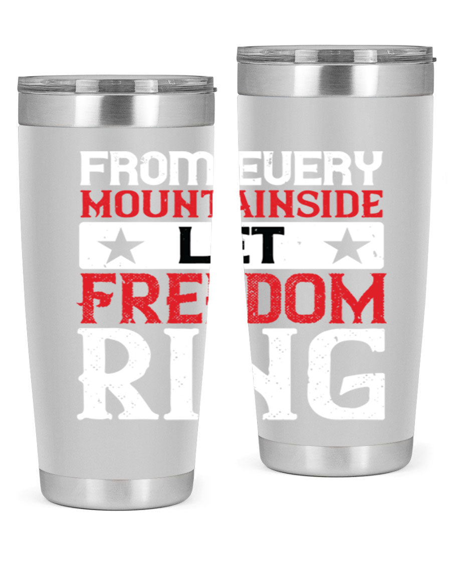 From Every Mountainside Let Freedom Ring tumbler, featuring a patriotic design, double wall vacuum insulation, and a press-in lid.