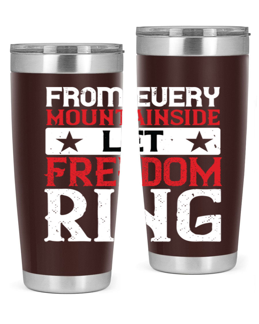 From Every Mountainside Let Freedom Ring tumbler, featuring a patriotic design, double wall vacuum insulation, and a press-in lid.