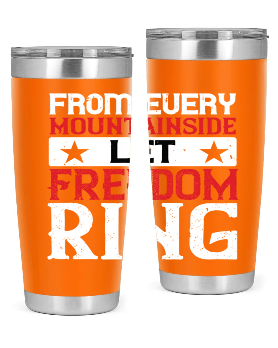 From Every Mountainside Let Freedom Ring tumbler, featuring a patriotic design, double wall vacuum insulation, and a press-in lid.