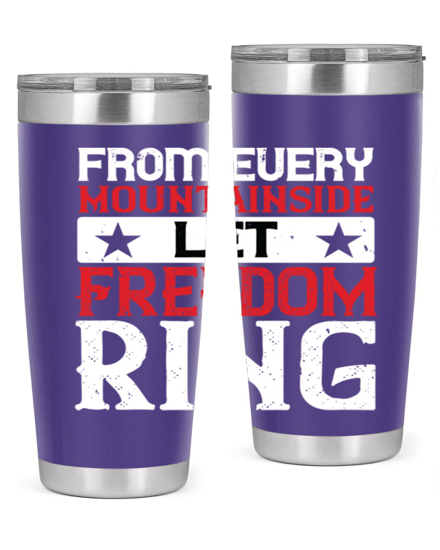 From Every Mountainside Let Freedom Ring tumbler, featuring a patriotic design, double wall vacuum insulation, and a press-in lid.