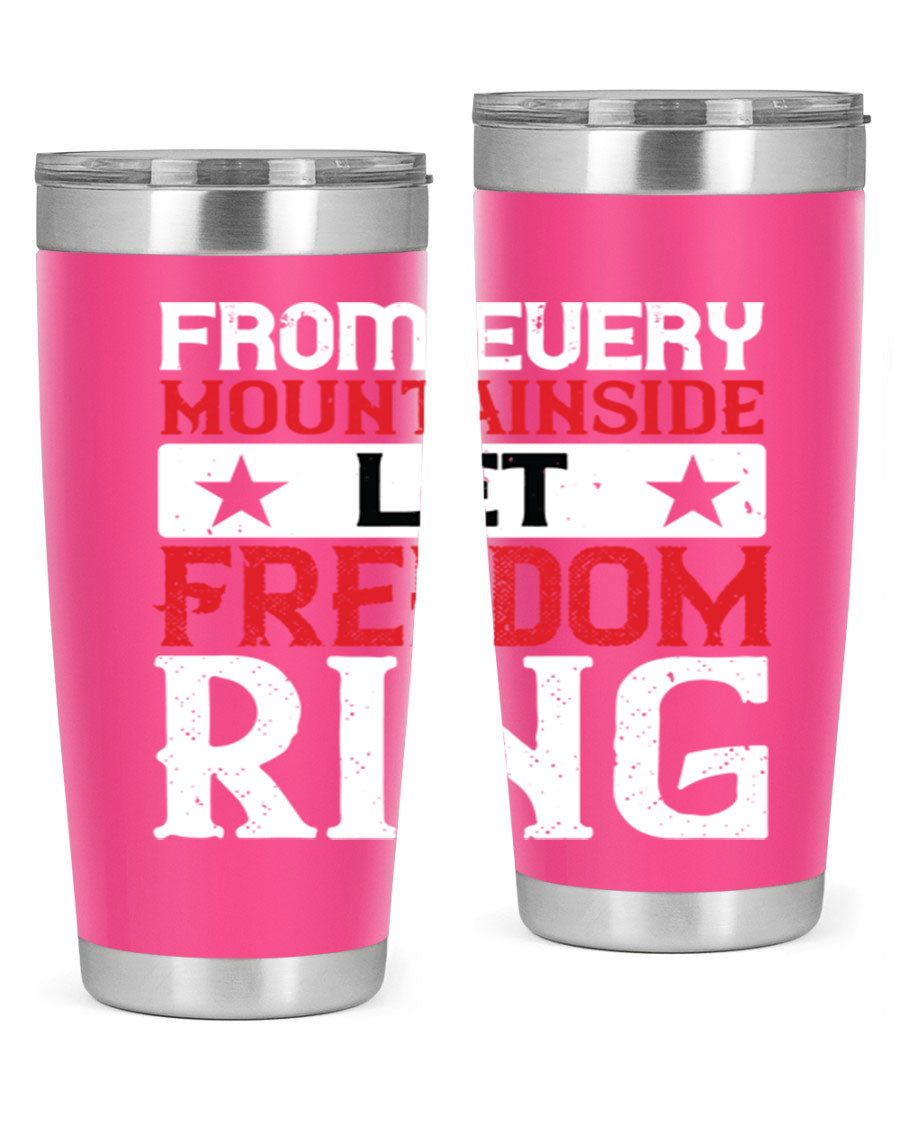 From Every Mountainside Let Freedom Ring tumbler, featuring a patriotic design, double wall vacuum insulation, and a press-in lid.