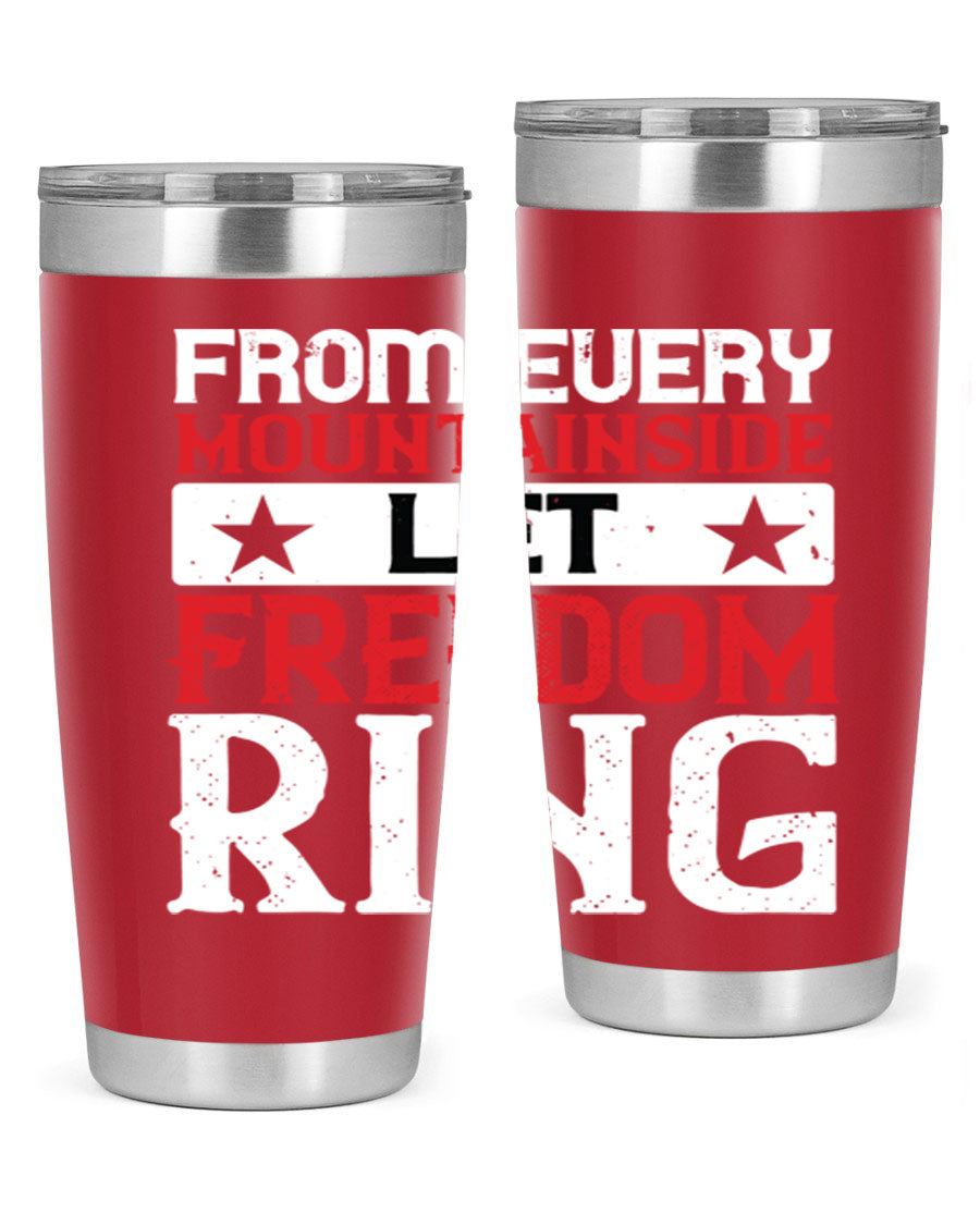From Every Mountainside Let Freedom Ring tumbler, featuring a patriotic design, double wall vacuum insulation, and a press-in lid.