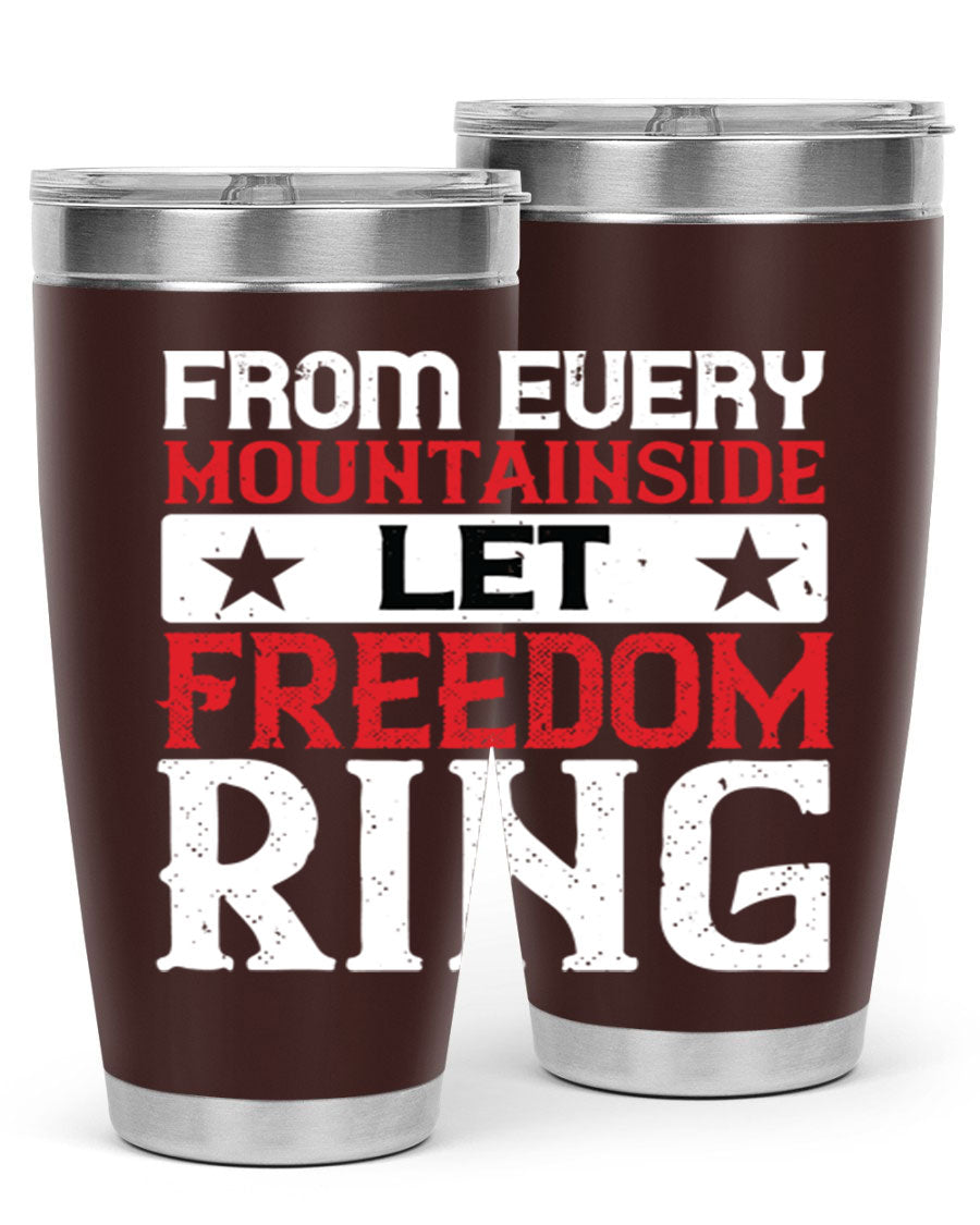 From Every Mountainside Let Freedom Ring tumbler, featuring a patriotic design, double wall vacuum insulation, and a press-in lid.