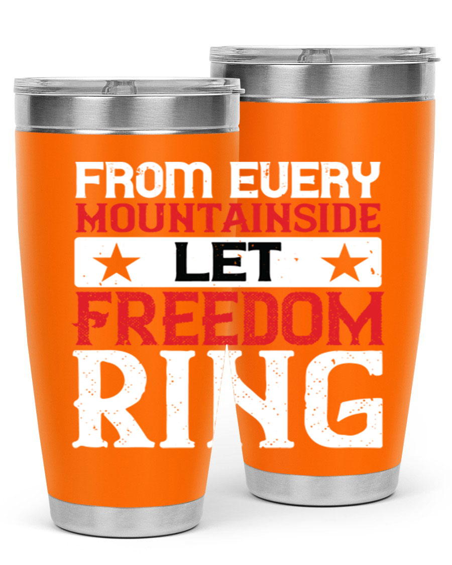 From Every Mountainside Let Freedom Ring tumbler, featuring a patriotic design, double wall vacuum insulation, and a press-in lid.