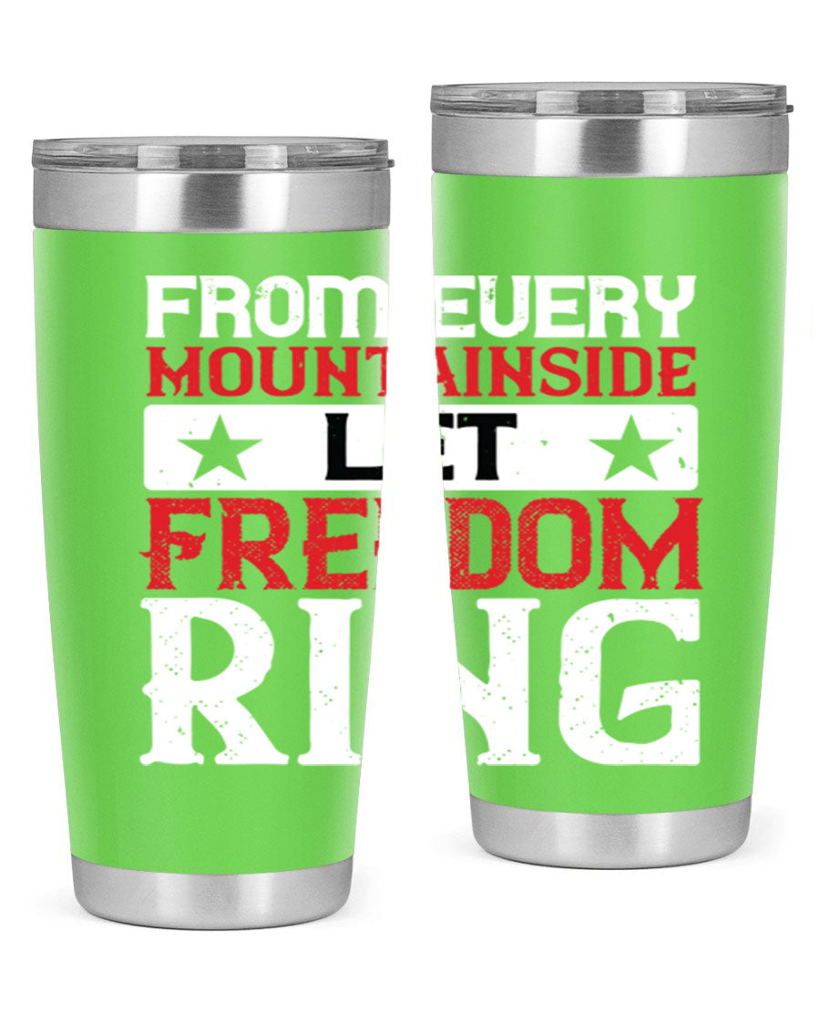 From Every Mountainside Let Freedom Ring tumbler, featuring a patriotic design, double wall vacuum insulation, and a press-in lid.
