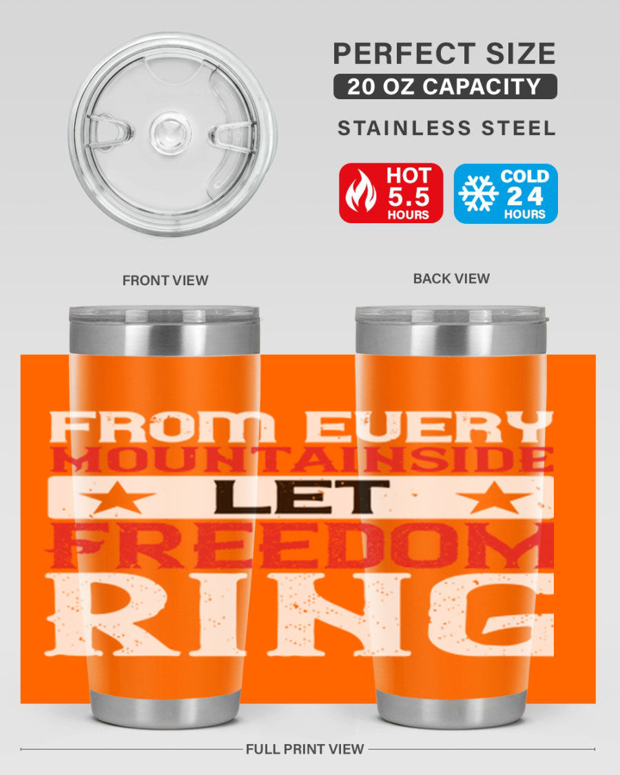 From Every Mountainside Let Freedom Ring tumbler, featuring a patriotic design, double wall vacuum insulation, and a press-in lid.
