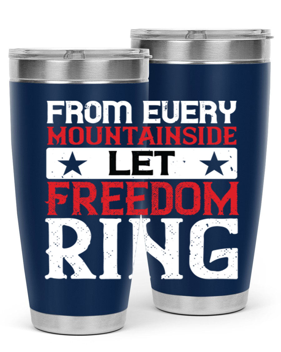 From Every Mountainside Let Freedom Ring tumbler, featuring a patriotic design, double wall vacuum insulation, and a press-in lid.