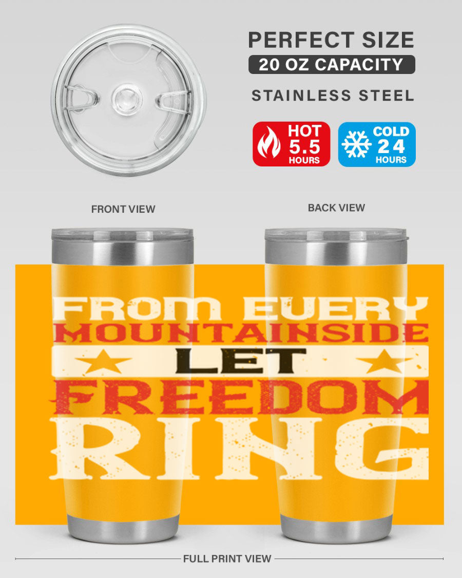 From Every Mountainside Let Freedom Ring tumbler, featuring a patriotic design, double wall vacuum insulation, and a press-in lid.