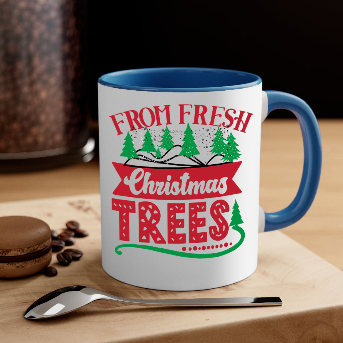 Fresh Christmas Trees Style 218# Mug with colored handle and glossy finish, available in multiple colors and sizes.