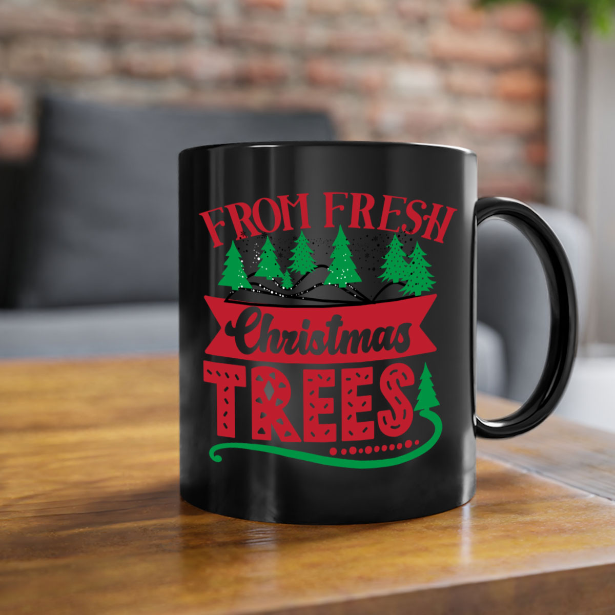 Fresh Christmas Trees Style 218# Mug with colored handle and glossy finish, available in multiple colors and sizes.