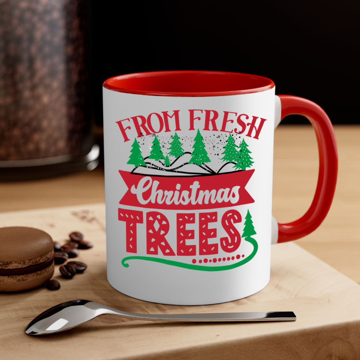 Fresh Christmas Trees Style 218# Mug with colored handle and glossy finish, available in multiple colors and sizes.